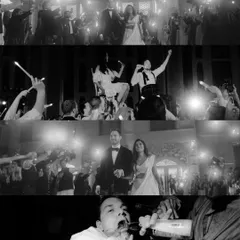 The energy of a reception party captured in a dynamic black and white collage. From the sparkler entrance to dancing on shoulders, we document the peak moments of your celebration.