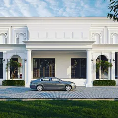 This classical building design emphasizes symmetry and ornate detailing. The facade features arched windows, decorative mouldings, and a prominent central entrance, all rendered in a clean white finish for a fresh and stately appearance.