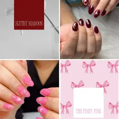 A style guide showing two distinct looks: a sultry, deep maroon manicure and a fun, playful "pinky pink" design.
