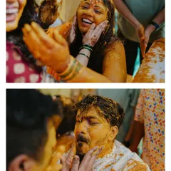 The pure, messy fun of a Haldi ceremony. These close-ups capture the candid reactions of the bride and groom as they get covered in haldi by their loved ones.