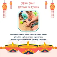 Getting hands-on with Diwali colors. Through messy play, kids explore sensory experiences that enhance their motor skills and spark creativity, all while learning about the festival.