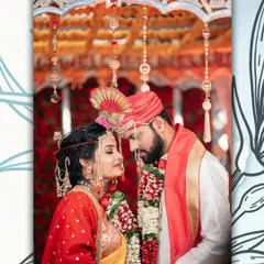 A moment of quiet connection under the mandap. This intimate shot captures the couple during their Maharashtrian wedding ceremony, surrounded by traditional decorations.
