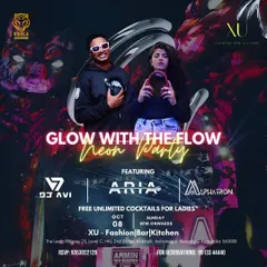 Poster for the 'Glow with the Flow' Neon Party at XU, where I collaborated with other top DJs for an electrifying night.