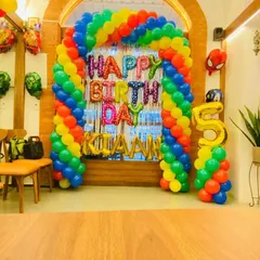 A superhero-themed 5th birthday party for Kiaan. I created a full rainbow balloon arch as the entrance, with foil 'Happy Birthday' balloons and character balloons like Spiderman and the Hulk to complete the action-packed theme.