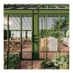This conceptual rendering explores the exterior view of the conservatory, focusing on the interplay of light, glass, and the green metal frame. It helped establish the design's goal of creating a transparent structure that merges with its natural surroundings.