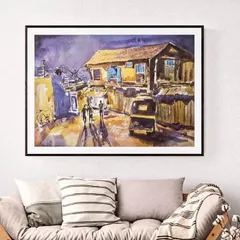 A finished watercolor street scene, framed and ready to hang. We learn how to capture the mood of a place, focusing on perspective and the interplay of light and shadow.