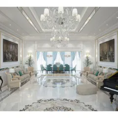 Another perspective of the luxurious villa interior, highlighting the seamless flow between the living and dining areas. The design uses a consistent palette of white, cream, and soft blue with gold accents to unify the vast space.