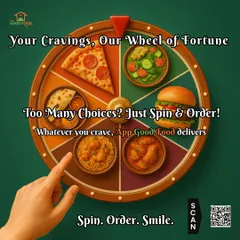 Too many choices? Just spin our wheel of fortune. From pizza and burgers to thalis and biryani, whatever you crave, we deliver. Spin, order, smile.