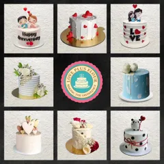 A beautiful collection of my custom cakes for all occasions. This collage shows a variety of styles, from romantic anniversary cakes with hearts to elegant floral designs and cute character toppers.