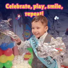 Celebrate, play, smile, repeat! The birthday boy is having the time of his life, ready to party with his friends in our super fun play area.