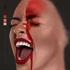A work-in-progress shot of a conceptual piece. This shows the artwork partially finished, with the skin tones and color palette visible on the side, giving insight into my digital painting setup.