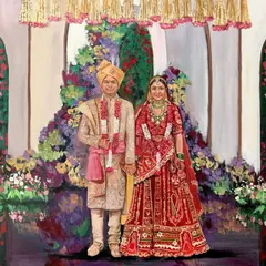 The final painting from a live event in Gurugram. The couple is framed by arches of colorful flowers, and my realistic acrylic style brings out the texture of their wedding attire and the depth of the decor.