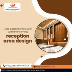 A welcoming and luxurious reception area design. The image showcases a stunning wood-paneled feature wall, a high ceiling, and elegant lighting, all designed to create a lasting first impression for any business.