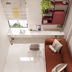 A top-down view of a home office setup, designed to be both functional and glamorous with a pop of red.