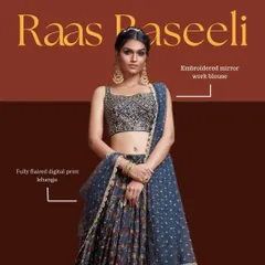 This peacock blue lehenga is a true showstopper. It features a fully flared digital print skirt, a detailed mirror-work blouse, and a dupatta with exquisite zari embroidery for a touch of modern glamour.