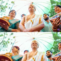A candid, low-angle shot of the groom, Rakshith, during the Kashi Yatra ritual. The focus is on his expression, surrounded by his family, capturing the blend of tradition and personal emotion.