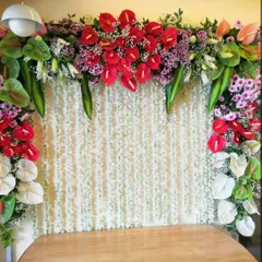 A beautiful backdrop made from a curtain of white flowers, framed by an arrangement of exotic red and white anthuriums. This design is both elegant and unique.