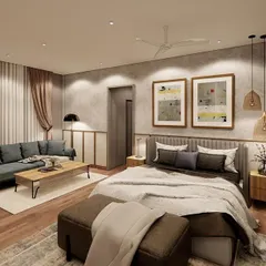 This master bedroom is a blend of comfort and style, featuring muted tones and natural wicker accents. The custom paneling behind the bed adds architectural detail, while the cozy seating area makes it a true retreat.