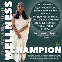 This transformation shows the power of addressing the root cause. Sathyakala came to me to lose weight but ended up reversing her chronic autoimmune urticaria and Hashimoto's thyroiditis. By focusing on lifestyle changes, her inflammatory markers and thyroid antibodies reduced dramatically, allowing her to stop all medications, including steroids.