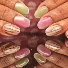 A unique and colorful design with pastel stripes in pink, yellow, and purple, creating a beautiful textured look.