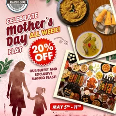 We celebrate moms all week long with a special offer. This collage showcases our exclusive Mango Feast dishes, like fresh mango kulfi and dal, alongside a snapshot of our extensive buffet spread available at a discount for Mother's Day.