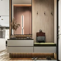 This entryway design concept combines style and practicality. We included a comfortable cushioned bench for seating, sleek hooks for coats and bags, and integrated drawers for shoe storage, all set against a backdrop of elegant wood and fluted panels.