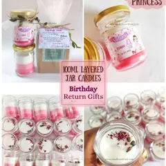 A collage of my 100ml layered jar candles, showcasing the "Pink Princess" theme and other designs perfect for birthday return gifts.