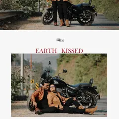 A collage showing a couple relaxing by their Royal Enfield on a mountain road, with an 'Earth Kissed' theme that complements their rustic outfits.