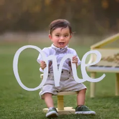 Celebrating one whole year of smiles. This outdoor first birthday portrait captures the excitement of the milestone, with props like the "One" sign and a mini piano adding a touch of charm.
