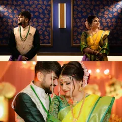 A collage showing a Maharashtrian couple in their wedding attire. I capture both posed portraits and candid, loving glances to provide a complete story of their day.