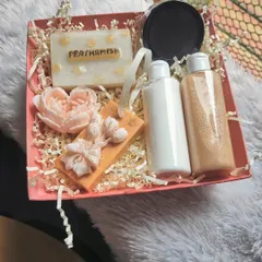 I also create sophisticated gift hampers for him. This set features a personalized name soap, honey bodywash, lavender body lotion, bath salts, and a scented candle for a complete grooming experience.