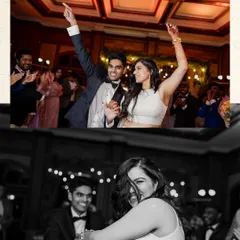 The pure, uninhibited joy of a Sangeet night. This collage captures the couple's energetic dance moves and the bride's infectious laughter, showcasing the fun and candid moments of the party.
