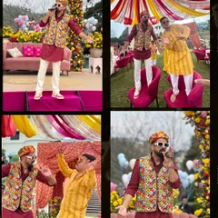 A Rajasthani-themed Haldi Carnival in Mussoorie. Here I am getting the groom's father to jump on a chair and dance. No one is safe from the fun!