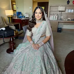 For this phera look, we chose a soft glam style to complement the mint green lehenga. I teach how to balance pastel outfits with makeup that is fresh and radiant.