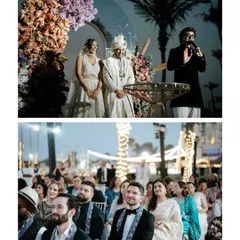 A diptych showing the wedding ceremony from two perspectives: the couple on stage and the emotional faces of their guests. We capture the entire story, not just the main event.