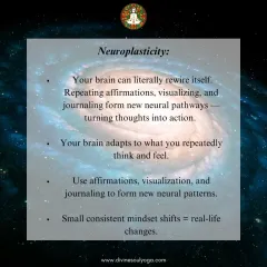 This graphic explains Neuroplasticity, your brain's ability to rewire itself. Repeating affirmations and visualizing goals forms new neural pathways, turning thoughts into action.