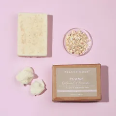 My Plump soap bar is perfect for dry and sensitive skin. It's handcrafted with Oatmeal, Lavender, Shea Butter, and Cocoa Butter to gently cleanse, heal, and nourish.