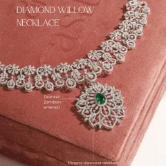 This is the Diamond Willow necklace, featuring an elegant diamond collar and a stunning detachable pendant centered with a pear-cut Zambian emerald. One piece offers two distinct expressions.