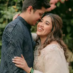 The happiest brides are the most beautiful. This candid shot from an engagement shoot captures that perfect bridal glow, achieved with dewy skin prep and a soft, romantic makeup application.