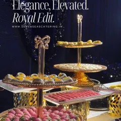 Elegance, elevated. Our royal edit of Indian and Western sweets, presented on ornate golden tiered stands, turns the dessert course into a spectacle of indulgence.
