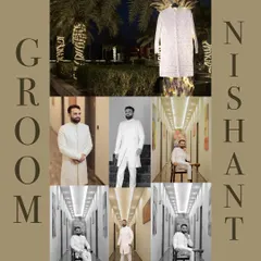A comprehensive collage showcasing the groom's journey on his wedding day. It includes shots of his sherwani, getting-ready moments, and stylish portraits in a modern corridor.