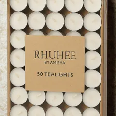 A set of 50 scented tea lights, neatly packed in a kraft box. These are perfect to have on hand for any small or big occasion at home.