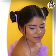 A closer view of the purple winged eyeshadow. I focus on teaching sharp lines and even color application to achieve a bold, graphic eye look like this one.