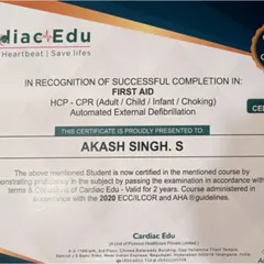 The First Aid and CPR certification for our trainer, Akash Singh. Every member of our team is qualified to handle emergencies.