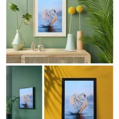 This collage shows my hyperrealistic swan painting mocked up in different home interiors. It helps clients visualize how a piece of fine art on canvas can elevate the decor of a living room or hallway.