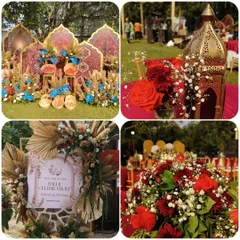 This collage showcases the details of an Arabian-themed Haldi. You can see the Moroccan-style lanterns, deep red floral centerpieces, and a custom welcome sign, all coming together to create an immersive and exotic experience.