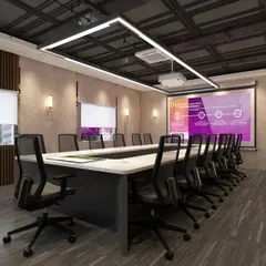 The main conference room at the Mahalakshmi Logistics office. This room is fully equipped for presentations with a projector screen, whiteboard, and flexible seating, all framed by modern wood paneling and sophisticated wall sconces.