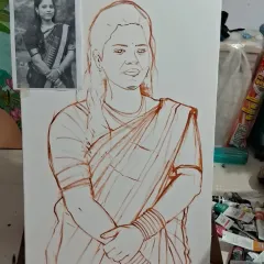 The journey of a portrait starts with a foundational sketch on the canvas, mapping out the composition and key features from the client's reference photo. This is the structural blueprint for the painting.