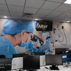 After: The same wall transformed with a large, inspiring mural of surgeons at work.