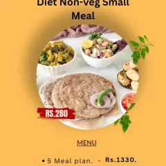 This menu card details the pricing for our Diet Non-veg Small Meal. It provides clear information on the cost per meal and the different subscription plans available for you to start your health journey.